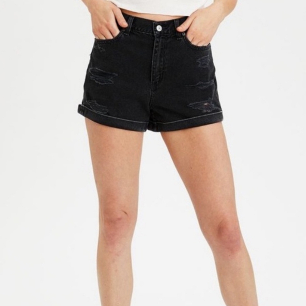 American Eagle Highwaist Distressed Women's Black Denim Shorts Sz 2